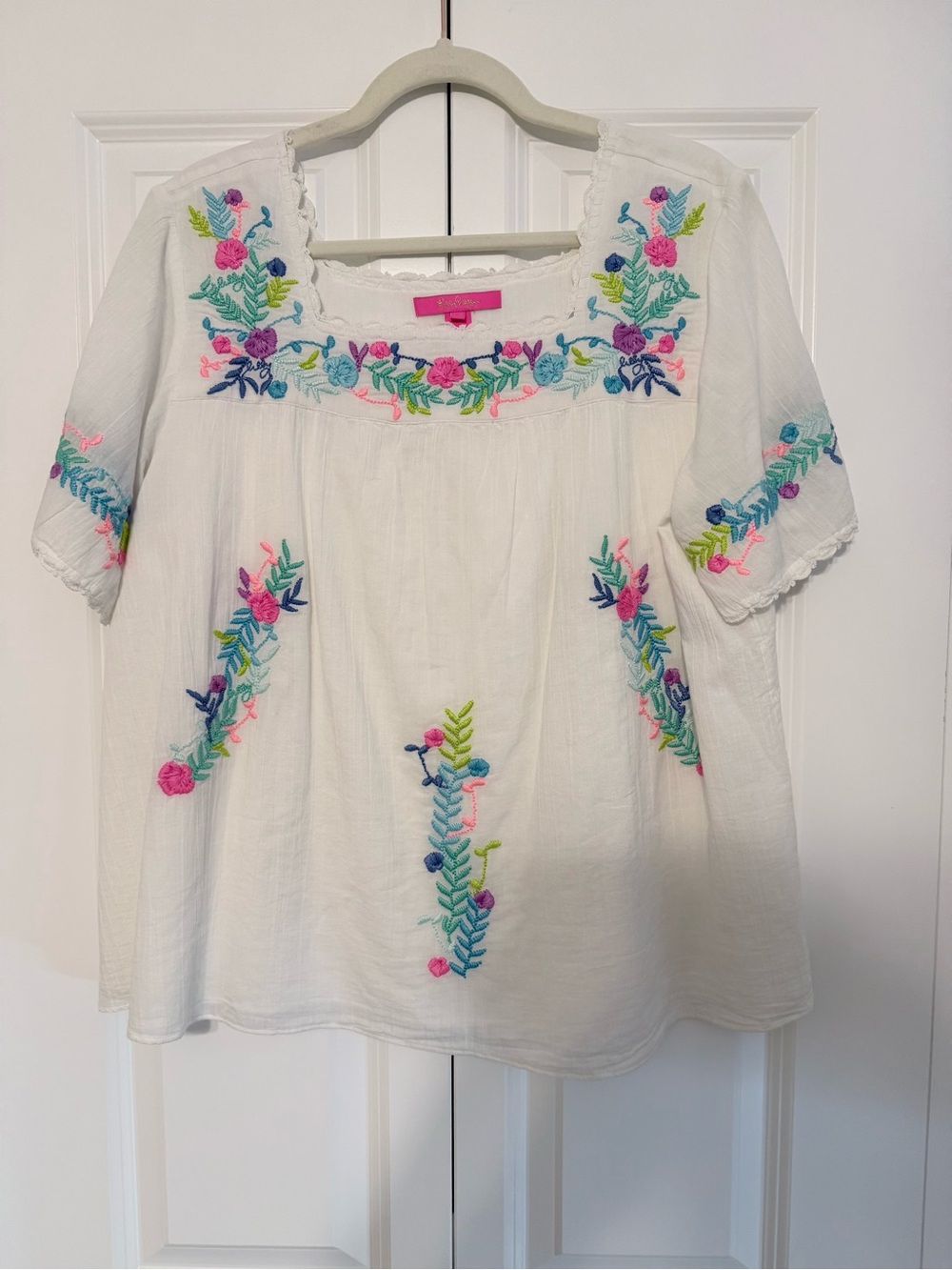 Lilly Pulitzer White Embroidered Peasant Blouse with Pink, Blue & Green Accents